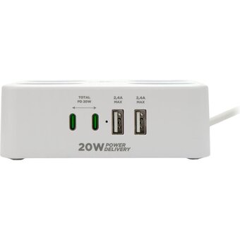  Сетевой фильтр Cablexpert PLT-4-C2U2-W-3 Plate 4р, 10А, 2xType-C PD, 20Вт, 2xUSB, 3м, ур.защиты 4+, белый, коробка 