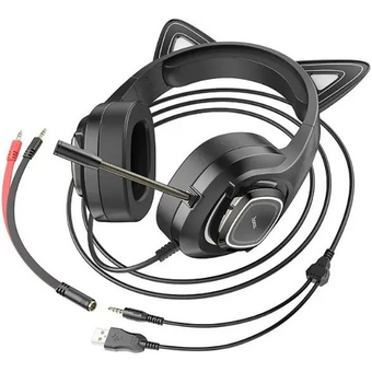  Наушники Hoco W107 Cute cat черный 2м мониторные USB оголовье 