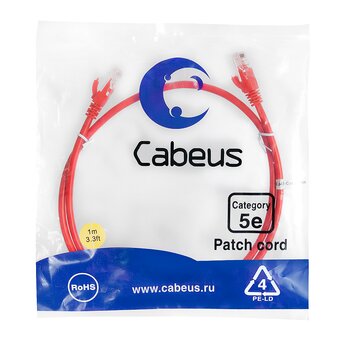  Патч-корд Cabeus PC-UTP-RJ45-Cat.5e-1m-RD неэкранированный, красный 