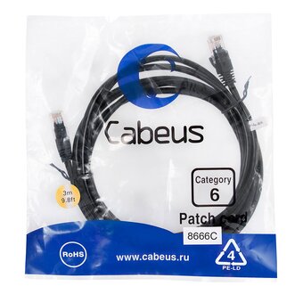  Патч-корд Cabeus PC-UTP-RJ45-Cat.6-3m-BK неэкранированный, черный 