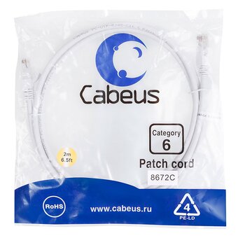  Патч-корд Cabeus PC-UTP-RJ45-Cat.6-2m-WH неэкранированный, белый 
