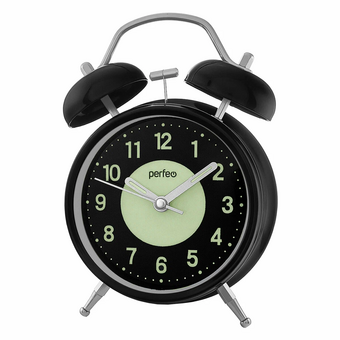  Часы-будильник Perfeo Quartz PF-TC-024 (PF_E1975) колокольчик круглые, с подсветкой, чёрные 