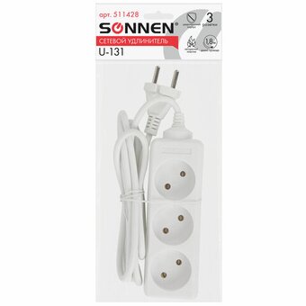  Удлинитель сетевой SONNEN U-131 (511428) 3 розетки, без заземления, 6А, 1,8м, белый 