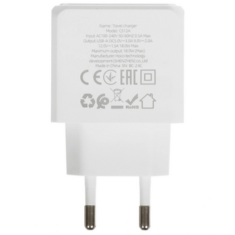  Зарядное устройство HOCO CS12A Ocean 1USB 18Вт, QC, FCP, AFC, кабель Type-C белый 