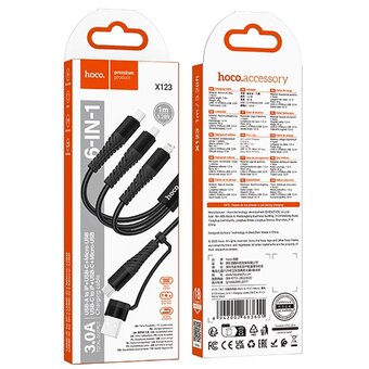  Кабель USB - Multi connector Hoco X123 3в1(USB/C to iP+C+Micro) 18W 100см 3A  (black) (243031) 