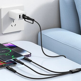  Кабель USB - Multi connector Hoco X123 3в1(USB/C to iP+C+Micro) 18W 100см 3A  (black) (243031) 