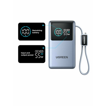  Внешний аккумулятор UGREEN PB727 (75701B) Fast Charging 10000mAh USB-C USB-A 55W о встроенным кабелем USB-C серый космос 