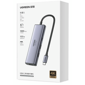  Хаб UGREEN CM512 (75643) 6-in-1 USB-C Hub With DP USB-C 2*USB-A RJ45 USB-C PD 3.0 серый 