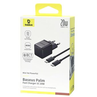  СЗУ BASEUS P10111602113-01 Palm Fast Charger 1C 20W EU With Baseus Mini White Cable USB-C to USB-C 60W (20v/3A) 1m Cluster Black 