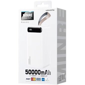  Внешний аккумулятор WK WP-283 Minre 50000mAh, 2xUSB, 1xUSB-C, 2.1А, LED дисплей, фонарик, Li-Pol белый 