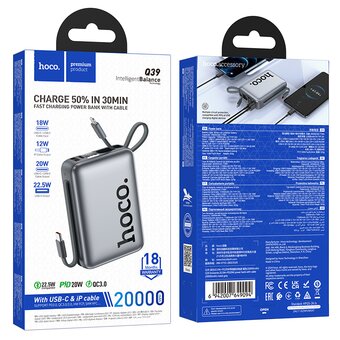  Внешний аккумулятор HOCO Q39 Eminente 22.5W+PD20WC Power bank with cable20000mAh Metal grey 