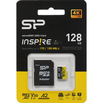  Карта памяти Silicon Power Inspire SP128GBSTXLA2V1NSP UHS-I U3 microSDXC 128ГБ, 170МБ/с, Class 10 с адаптером 