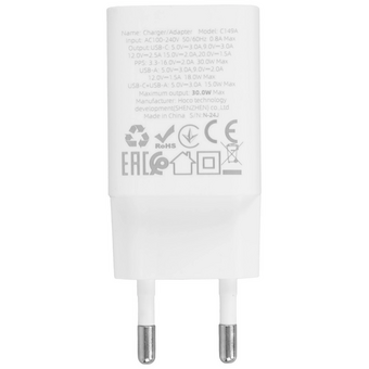  Зарядное устройство Hoco C149A Charm PD30W+QC3.0 charger (EU) (white) 