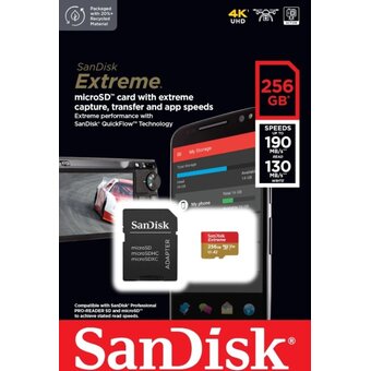  Карта памяти SanDisk Extreme microSDXC 256GB (SDSQXAV-256G-GN6MA) Class 10, UHS-I, W130, R 190 МБ/с, адапт 