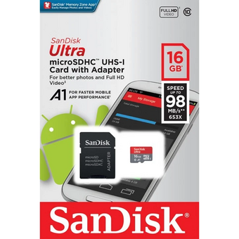  Карта памяти SanDisk Ultra microSDXC 16GB (SDSQUAR-016G-GN6MA) Class 10, UHS-I, R 98 МБ/с, с адапт 