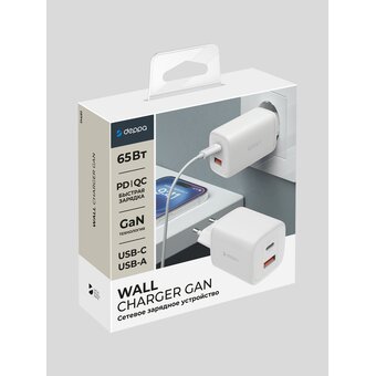  СЗУ Deppa 11491 USB-C+USB-A, PD 3.0, QC 5.0, 65W, GaN, белый 