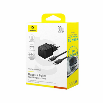  СЗУ BASEUS P10111605113-01 Palm Fast Charger 1C 30W EU With Baseus Mini White Cable USB-C to USB-C 60W (20v/3A) 1m Cluster Black 