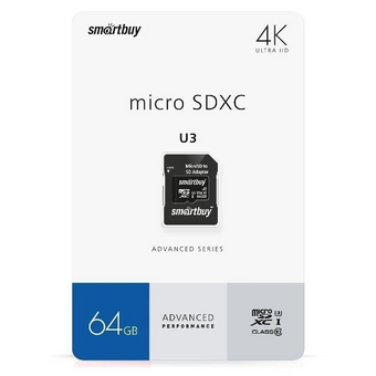  Карта памяти Smart Buy SB64GBSDU1A-AD MicroSD 64GB Сlass 10 Advanced U3 V30 A1 (55/90 Mb/s)+ SD адаптер 