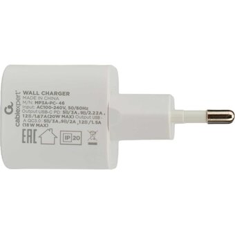  Зарядное устройство Cablexpert MP3A-PC-46 20Вт, 3А, QC3.0/PD, 1xUSB, 1xType-C, белый, пакет 