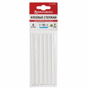  Клеевые стержни BRAUBERG 670291 диаметр 7мм, длина 100мм, прозрачные, комплект 6шт европодвес 