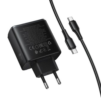  Зарядное устройство HOCO C160A Upgrade 1USB, 2Type-C 5V, 3.0A, 65Вт, PD/PPS/QC/FCC/AFC, кабель Type-C черный 