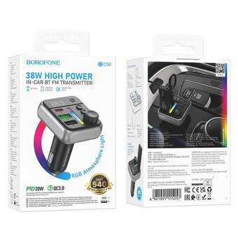  FM-трансмиттер BOROFONE BC50 Ascenso PD20W+QC3.0 car BT FM transmitter Black 