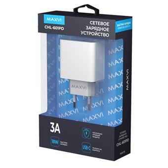  СЗУ Maxvi CHL-601PD 18W, 3A, QC 3.0, PD 3.0, 1xUSB-C, white 