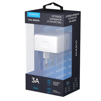  СЗУ Maxvi CHL-603PD Type-CUSB 30W 6A (3A+3A) PD QC3.0, white 