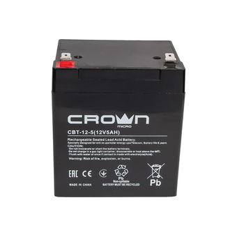  Аккумулятор Crown СВТ-12-5 (CM000001652) свинцово-кислотный, 12В, 5 А/Ч, ABS-пластик, F2 (Т2), срок службы 6 лет 