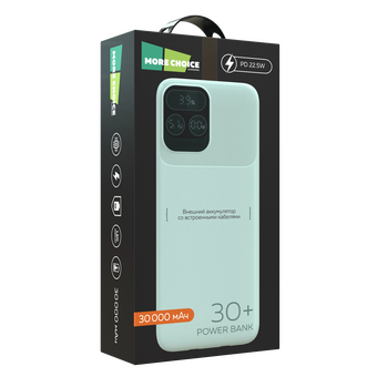  Внешний аккумулятор More Choice PB55-30 30000mAh 1USB+1Type-C+1micro-USB 3.0A PD22.5W с кабелями White 
