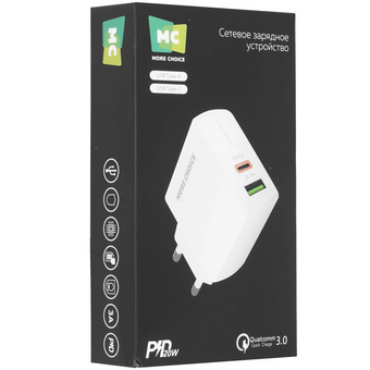  СЗУ More choice NC61 1USB+1USB-C 3.0A PD 20W+QC3.0 быстрая зарядка White 