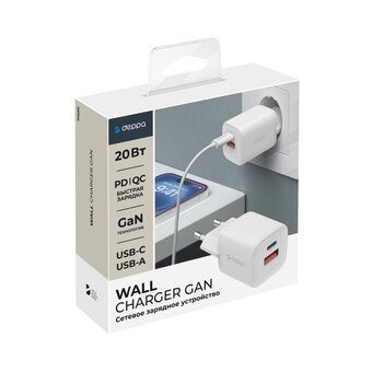  СЗУ Deppa 11490 USB-C+USB-A, PD 3.0, QC 4.0+, 20W, GaN белый 