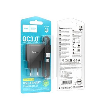  Зарядное устройство HOCO C140A 1USB 18Вт, QC3.0, FCP, AFC, кабель USB - микро USB, 1.0м чёрный 