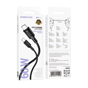  Кабель Borofone BX111 Feliz Type-C-Type-C 1.0м, 3,0А, 60Вт чёрный 