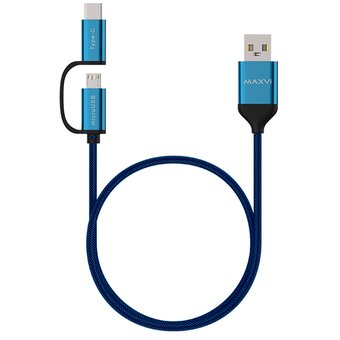  Кабель Maxvi MC-12MT blue, 2 в1, USB-A-microUSB/Type-C, 2A 