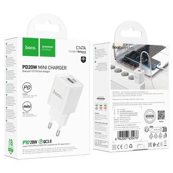  Зарядное устройство HOCO C147A Charm PD20W+QC3.0 Charger (EU) White 