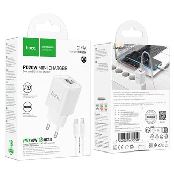  Зарядное устройство HOCO C147A Charm PD20W+QC3.0 charger set (Type-c to Type-c) (EU) White 