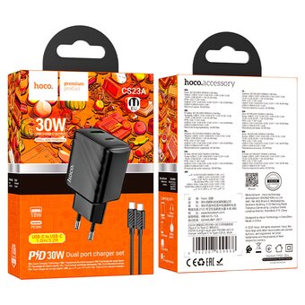  Зарядное устройство HOCO CS23A Sunlight Dual-Port PD30W+QC3.0 Charger Set (Type-c to Type-c) EU Black 