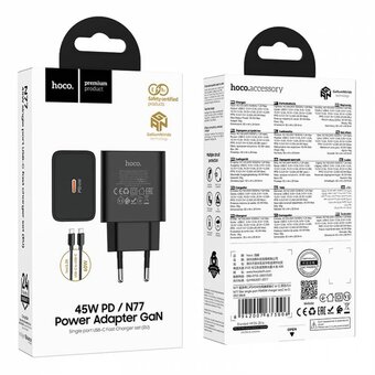  Зарядное устройство HOCO N77 Star single port PD45W charger set (C to C) (EU) Black 