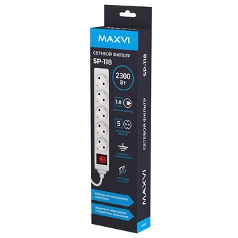  Сетевой фильтр Maxvi SP-118, 10A, 2300Вт, 5 гнезд, земля, 1,8м, белый 