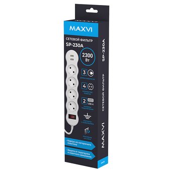  Сетевой фильтр Maxvi SP-230A, 10A, 2300Вт, 4 гнезда, 2xUSB-A, земля, 3м, белый 