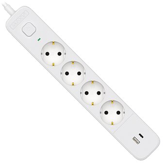  Сетевой фильтр Maxvi SP-318AC, 10A, 2300Вт, 4 гнезда, 1xUSB-A, 1xUSB-C, земля, 1.8м, белый 