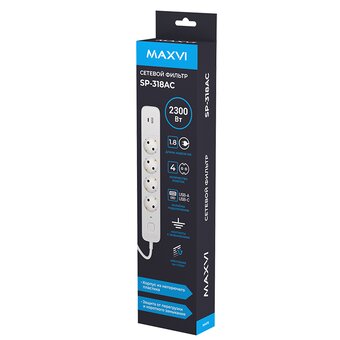  Сетевой фильтр Maxvi SP-318AC, 10A, 2300Вт, 4 гнезда, 1xUSB-A, 1xUSB-C, земля, 1.8м, белый 