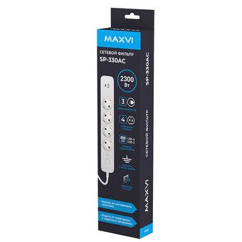  Сетевой фильтр Maxvi SP-330AC, 10A, 2300Вт, 4 гнезда, 1xUSB-A, 1xUSB-C, земля, 3м, белый 