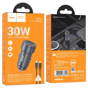  АЗУ HOCO Z57A Glorious 1USB, 1Type-C 30Вт, PD/QC/AFC/FCP, кабель Type-C, 8-pin, 1.0м черный, оранжевая вставка 