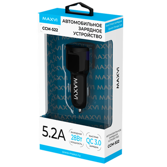  АЗУ Maxvi CCM-522 black 5.2A, 2xUSB, QC3.0 подсветка синяя 