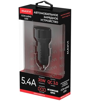  АЗУ Maxvi CCM-M542 LED metallic black 5.4A, 2xUSB, QC3.0 
