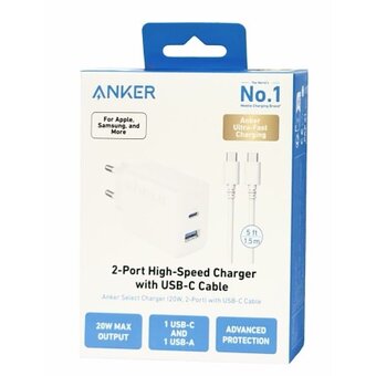  Сетевое ЗУ Anker B2348G21 USB+1C 20W с кабелем Type-C белое 