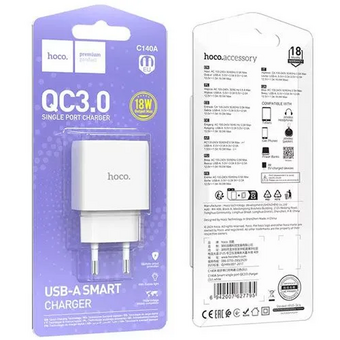  Зарядное устройство HOCO C140A 1USB 18Вт, QC3.0, FCP, AFC белый 