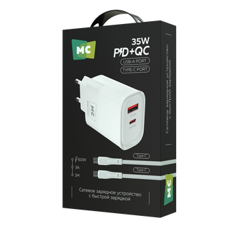  СЗУ More Choice NC82a 1USB+1Type-C 3.0A QC3.0+PD35Вт Type-C+Type-C PD60Вт White 